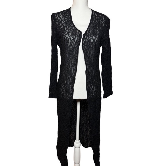 Carmel for C.B.H. Sweaters - Carmel for CBH Duster Cardigan S Black Lace Longline Open Front Sheer Excellent